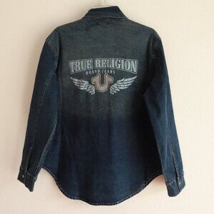 True Religion Denim Shirt Women's Size L Blue Denim Western Pearl Snap Glitter